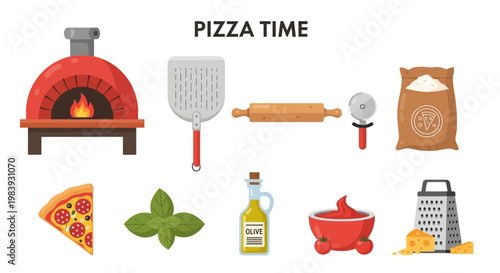 Flat vector icons related to making and eating pizza including oven tools ingredients