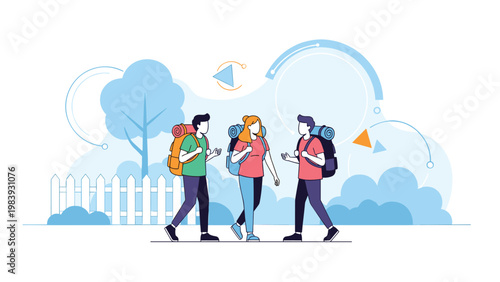 Group of active friends wearing backpacks and gear as they embark on a hiking adventure through a scenic natural landscape.