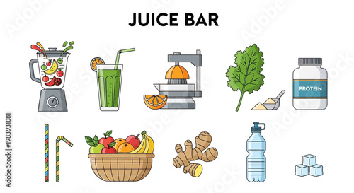Illustration of various juice bar ingredients and equipment on a white background