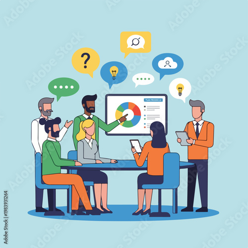 Business people discussing data analysis charts.