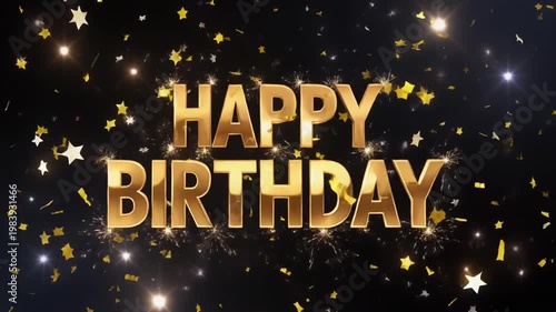 Golden birthday celebration with confetti on black background