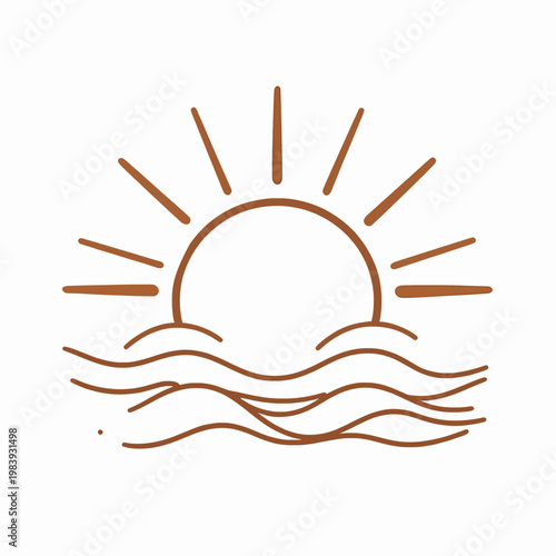 Minimalist flat vector illustration of a single sun rising over ocean waves in a bohemian celestial style, featuring clean brown line art and geometric sunburst rays, isolated on white background.