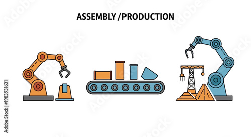 A flat vector illustration depicts an assembly line with robotic arms manipulating objects on a conveyor belt and a power pylon under construction, all set against a clean white background