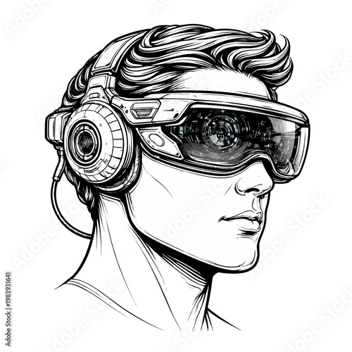 Man Wearing Advanced Virtual Reality Headset with Futuristic Goggles and Detailed Hairline