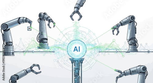 A collection of robotic arms are displayed in a vector illustration, each connected to a central AI hub with a white background, showcasing a technological theme with clean lines