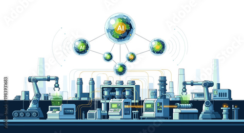 Detailed illustration of a futuristic automated manufacturing assembly line under a network of globes against a white background, rendered with a flat, graphic style and a cool color