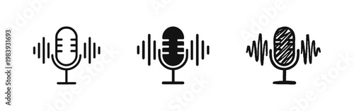Microphone with sound waves icon set, live broadcast and recording symbol, line, silhouette and doodle styles