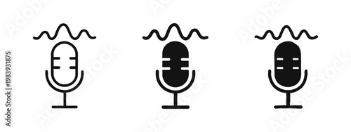 Microphone and audio wave icon set, voice capture and speech recording, line, silhouette and doodle styles