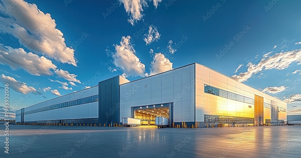 Obraz premium Expansive modern distribution warehouse with loading trucks at sunset under dramatic clouds, calm and efficient atmosphere
