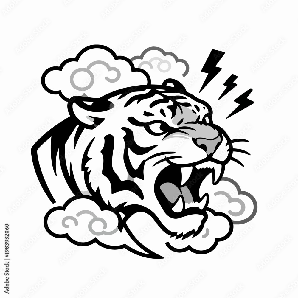 Fototapeta premium Stunning Flat Vector Illustration of a Single Roaring Tiger Head with Traditional Japanese Clouds and Lightning, Bold Neo-Traditional Tattoo Style Graphic, Isolated on White Background