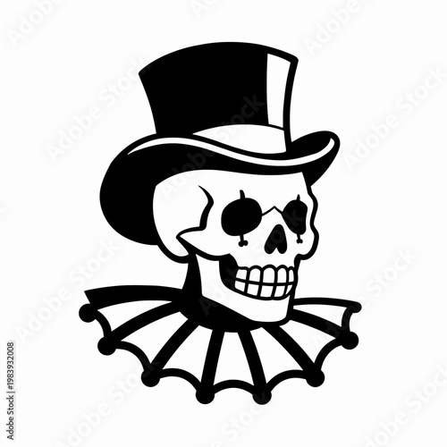 Black and White Flat Vector Illustration of a Single Creepy Male Clown Skull Wearing a Vintage Top Hat and Ruffled Circus Collar, Gothic Horror Concept Isolated on White Background