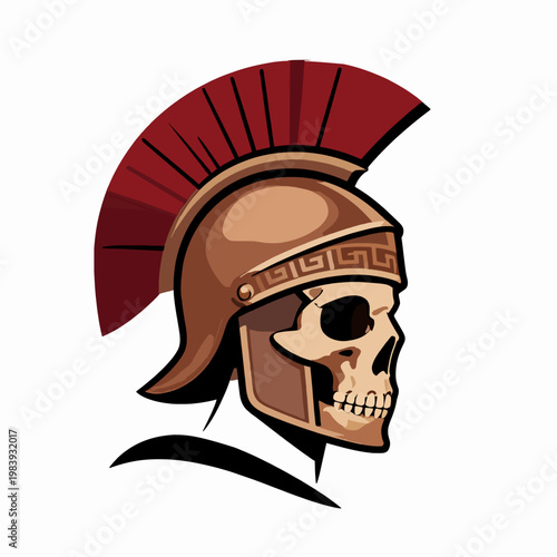 Flat Vector Illustration of a Roman Centurion Skull Wearing a Bronze Galea Helmet with a Red Crest, Ancient Warrior Concept Art, Skeletal Soldier Silhouette, Isolated on White Background.