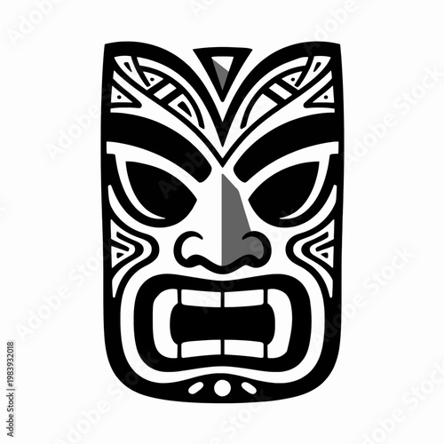 Intricate black and white Polynesian tiki mask vector illustration, traditional Pacific Islander tribal tattoo design for a single indigenous chieftain warrior, isolated on white background