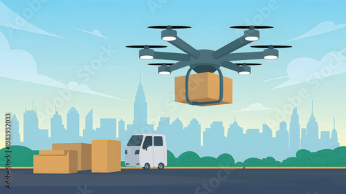 Hexacopter drone carrying a cardboard package above a delivery van and city skyline, flat logistics