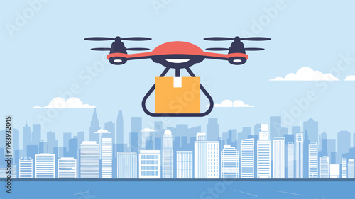 Red drone with four propellers carrying a yellow cardboard package over a blue city skyline, delivery