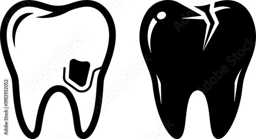 Two dental teeth with cavities and cracks in black and white