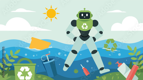 Green robot with a recycling symbol standing in polluted ocean water with plastic waste and trash