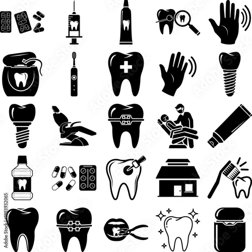 Dental care and hygiene icons set with various tooth related symbols and tools