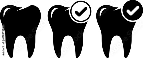 Three black tooth icons with checkmarks on white background for dental health concepts