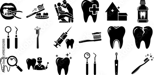 Collection of dental care icons including teeth and oral hygiene tools