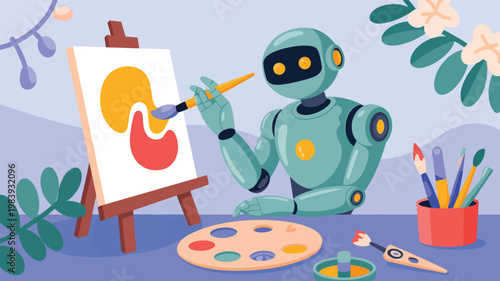 Teal robot painting abstract yellow and red shapes on a white canvas, standing on a wooden easel