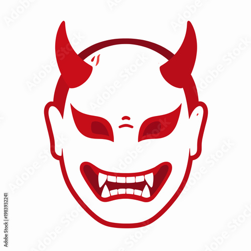 Traditional Japanese Hannya Mask Vector Illustration, Red Demon Face with Sharp Horns and Fangs, Isolated Minimalist Folklore Graphic for Tattoos and Apparel Design