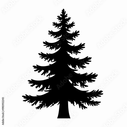 Minimalist black silhouette of a single mature evergreen spruce tree, isolated flat vector illustration of a coniferous forest plant for nature and wilderness concepts on a white background.