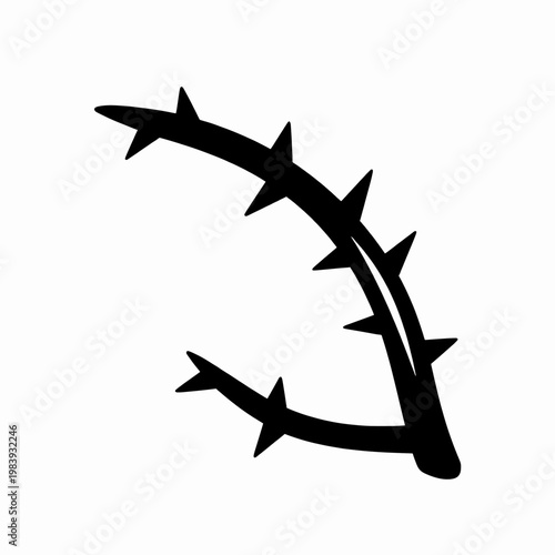 Minimalist black and white flat vector illustration of a single sharp thorn branch with jagged spikes, isolated on white background, concept of protection, nature, and danger.