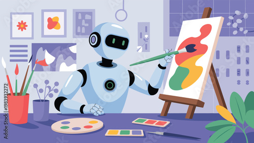 Light blue robot painting abstract shapes with a brush on a canvas set on a wooden easel in a studio