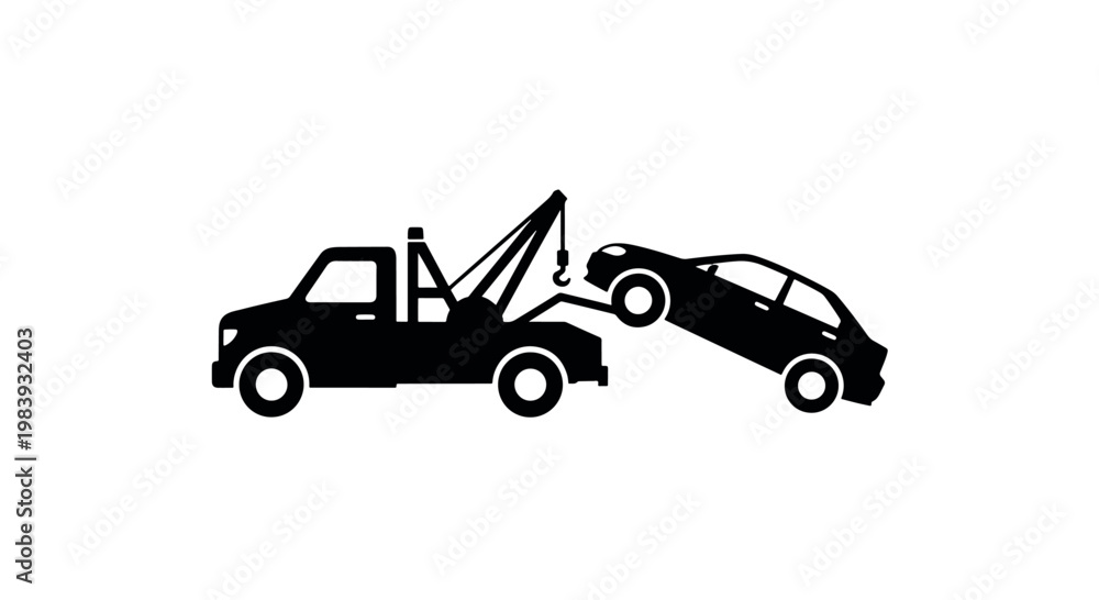 Naklejka premium Professional black silhouette of a tow truck towing a car. Perfect for roadside assistance, vehicle recovery, and automotive service designs.