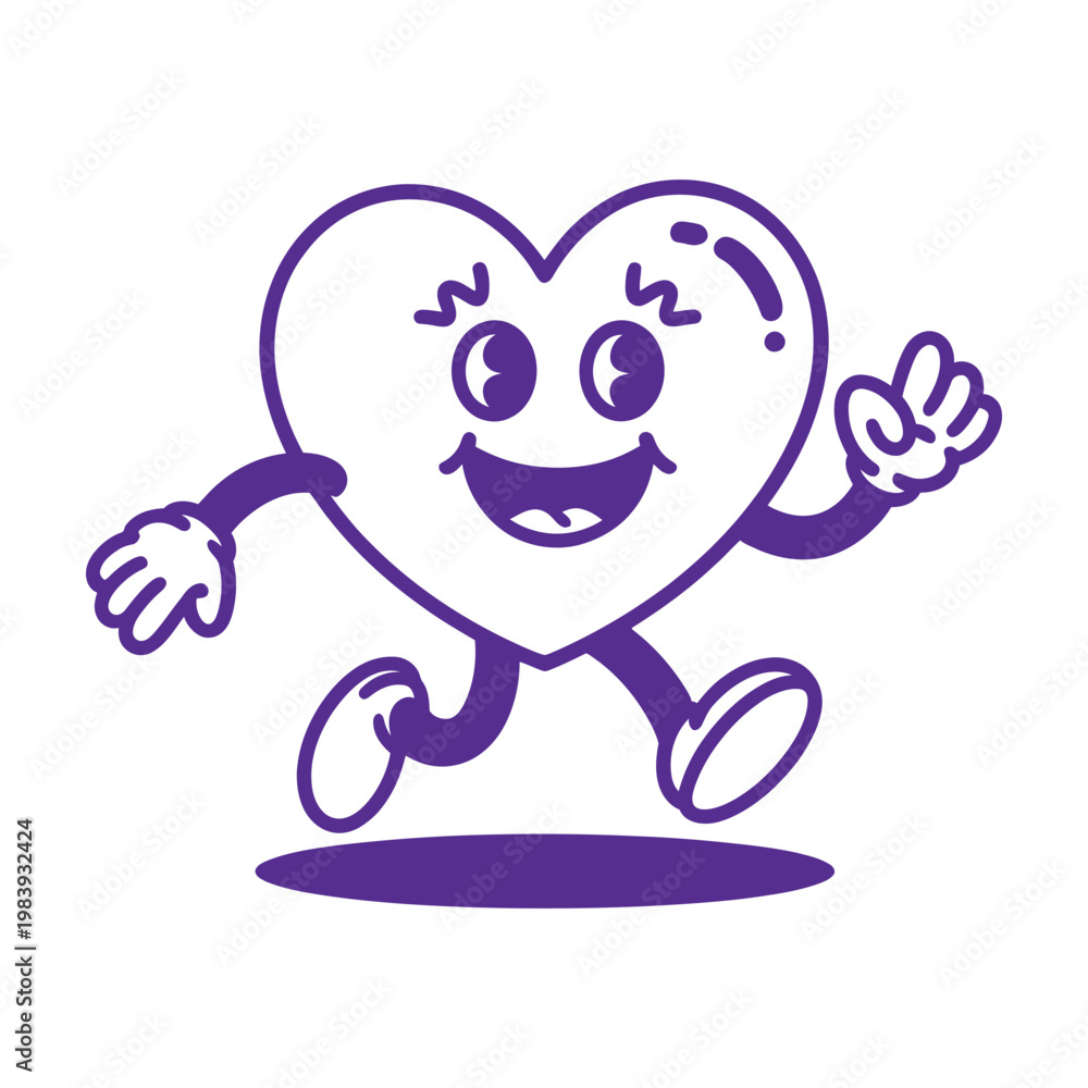 Fototapeta premium Purple heart character with smiling face and legs running freely
