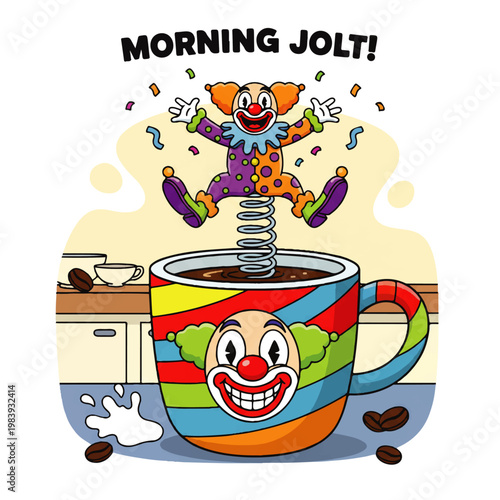 A colorful cartoon clown jumping out of a coffee mug with a vibrant design