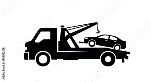 Professional silhouette of a tow truck carrying a car, symbolizing roadside assistance, emergency recovery, and automotive transport services.