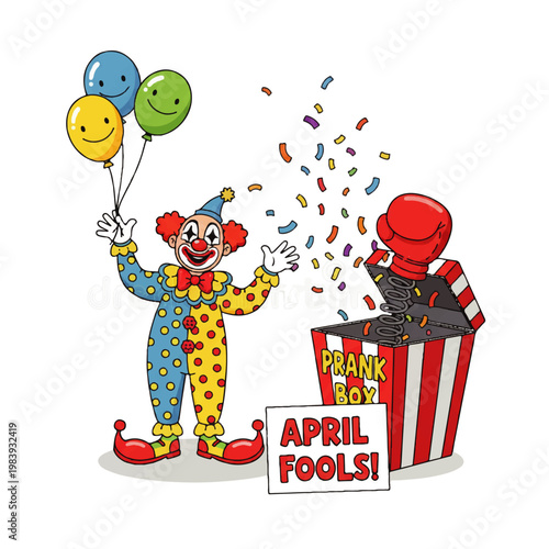 A colorful cartoon clown standing next to a prank box on April Fools' Day