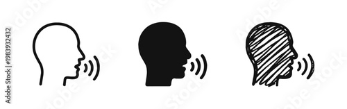 Speaking person icon set, voice command and audio communication symbol, line, silhouette and doodle styles