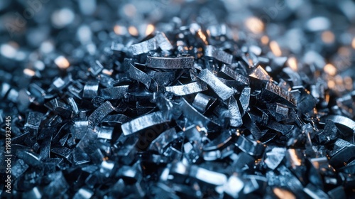 close-up pile of shiny blue metallic shavings and curled metal chips with a cold industrial gleam