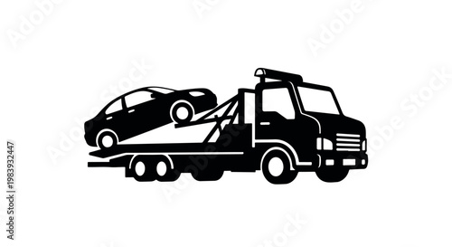 Professional black silhouette of a flatbed tow truck transporting a vehicle, perfect for roadside assistance and automotive recovery service branding.