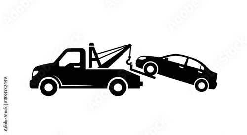 Professional black silhouette icon of a tow truck lifting a passenger car for roadside assistance or recovery services.