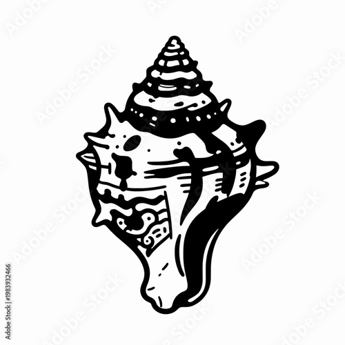 Single Ornate Murex Seashell Vector Illustration, Detailed Black and White Marine Snail Shell Graphic Isolated on White Background for Minimalist Nautical Design and Ocean Nature Concepts