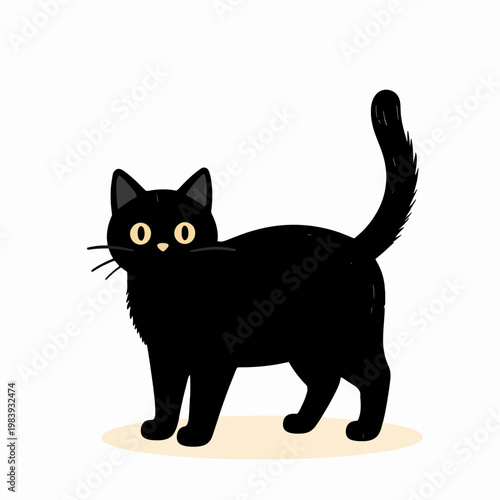 Vintage Style Black Cat Illustration, Flat Vector Icon of a Spooky Feline with Arched Back and Fluffy Tail for Halloween Concept, Isolated Minimalist Graphic for Seasonal Decor and Design