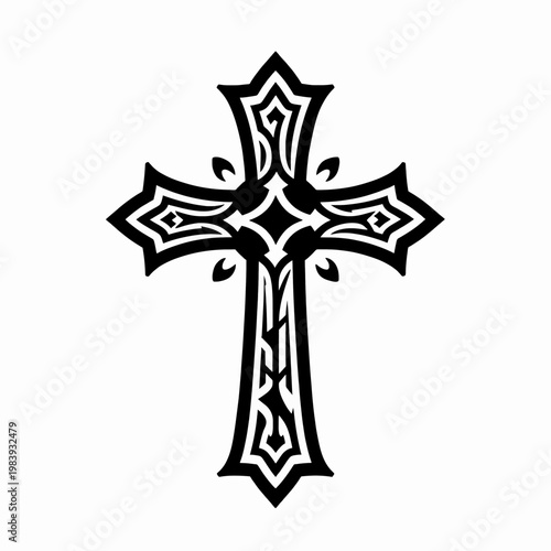 Ornate Gothic Cross with Intricate Tribal Filigree Patterns, Minimalist Black and White Christian Symbol for Faith and Spirituality Concept, Isolated Flat Vector Illustration on White Background