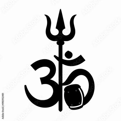 Black silhouette of a single Hindu Trishula trident with an Om symbol and Damaru drum, spiritual religious icon representing Lord Shiva, isolated on white background, South Asian cultural concept.