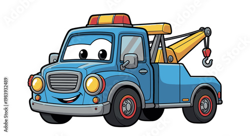 A cute and friendly blue cartoon tow truck with a smiling face, isolated on a white background. Perfect for children's educational content and automotive designs.