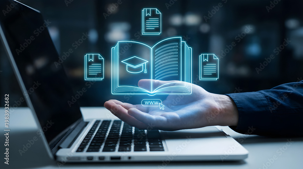 Obraz premium A hand interacts with a laptop displaying glowing virtual online education icons and digital learning documents