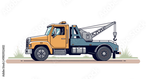 Clean flat vector illustration of a yellow and blue tow truck, ideal for roadside assistance, vehicle recovery, and automotive service branding.