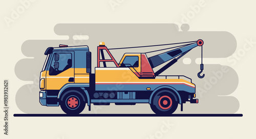 A clean and modern flat design vector illustration of a yellow and blue tow truck with a crane hook, ideal for roadside assistance and automotive services.