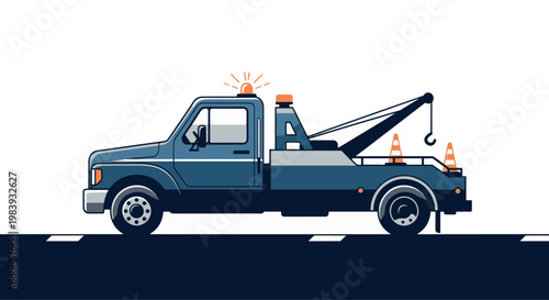 Professional flat vector illustration of a blue tow truck on the road with safety cones, ideal for roadside assistance and automotive service designs.