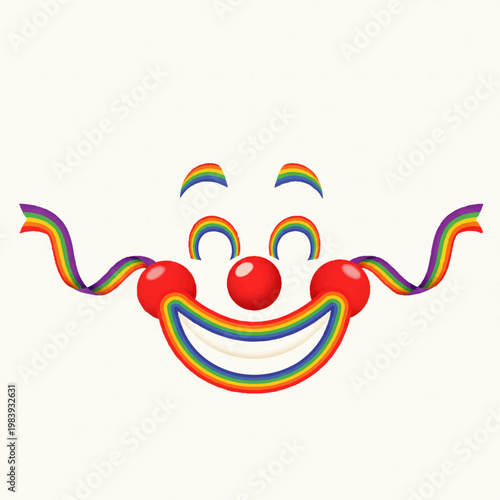 A colorful cartoon clown face with a rainbow smile and nose