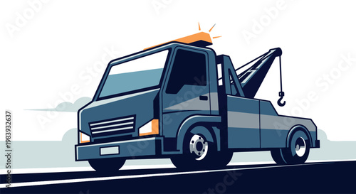 A modern flat illustration of a blue tow truck with emergency lights, perfect for breakdown service, vehicle recovery, and automotive branding.