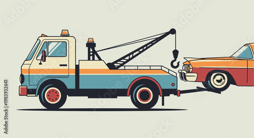 Clean vintage-style illustration of a tow truck providing roadside assistance to a classic car. Ideal for automotive service marketing and branding.